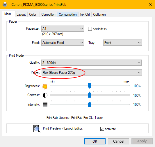 The new color profile in the print dialog
