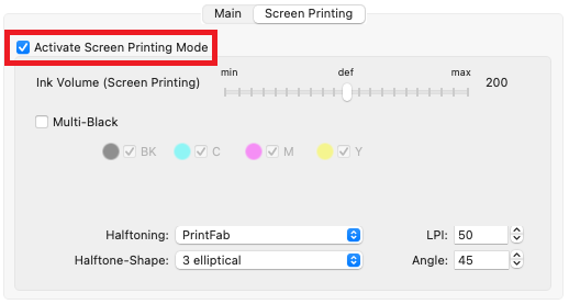 Screen printing settings PrintFab 3